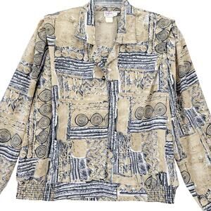 Tan F Jay Tan Shirt Preppy Print Retro Shoulder Pads Long Sleeves Womens Size L